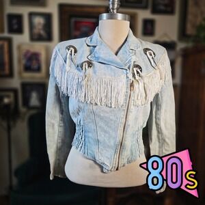 Patty Denim Jacket Vintage 80s Fringe Concho Acid Wash Western Cowgirl Womens M‎